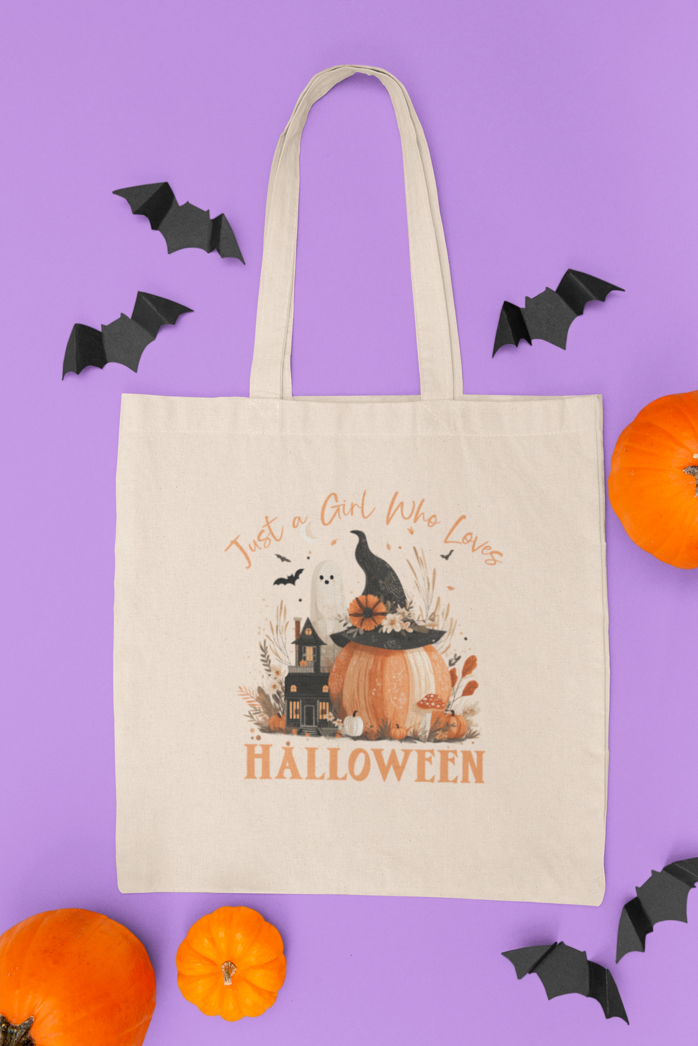Halloween-Themed Cotton Canvas Tote Bag, Pumpkin Design