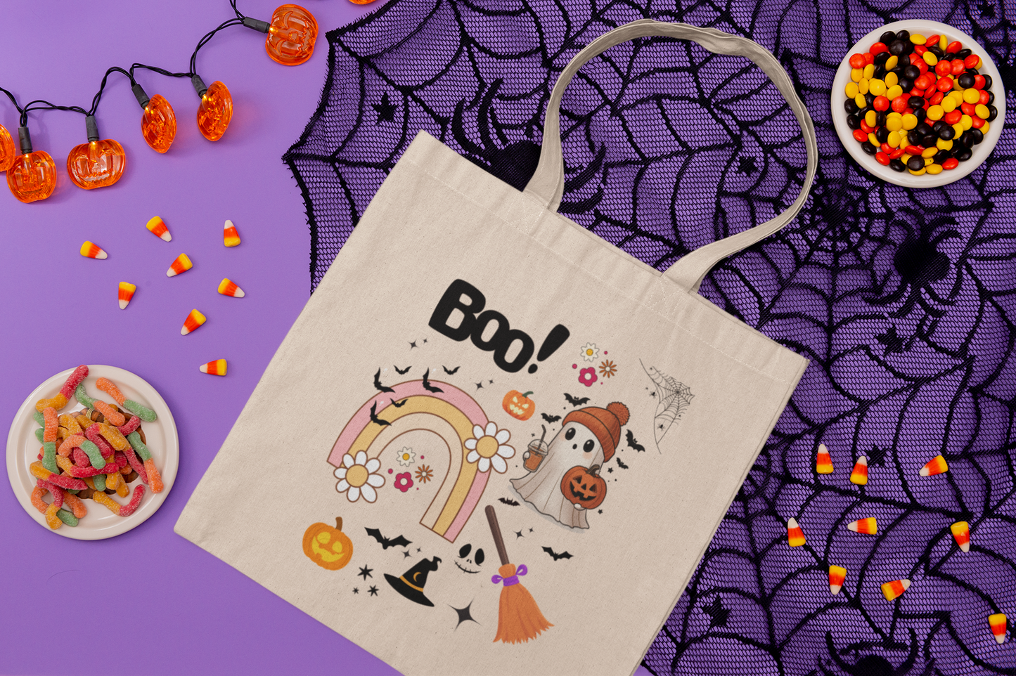 Halloween-Themed Canvas Tote Bag , Boo! Design for Fall, Trick or Treat