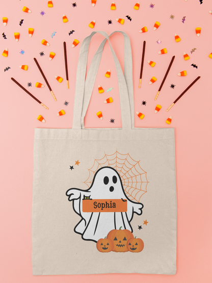 Personalized Halloween Ghost Tote Bag, Custom Cotton Canvas Bag