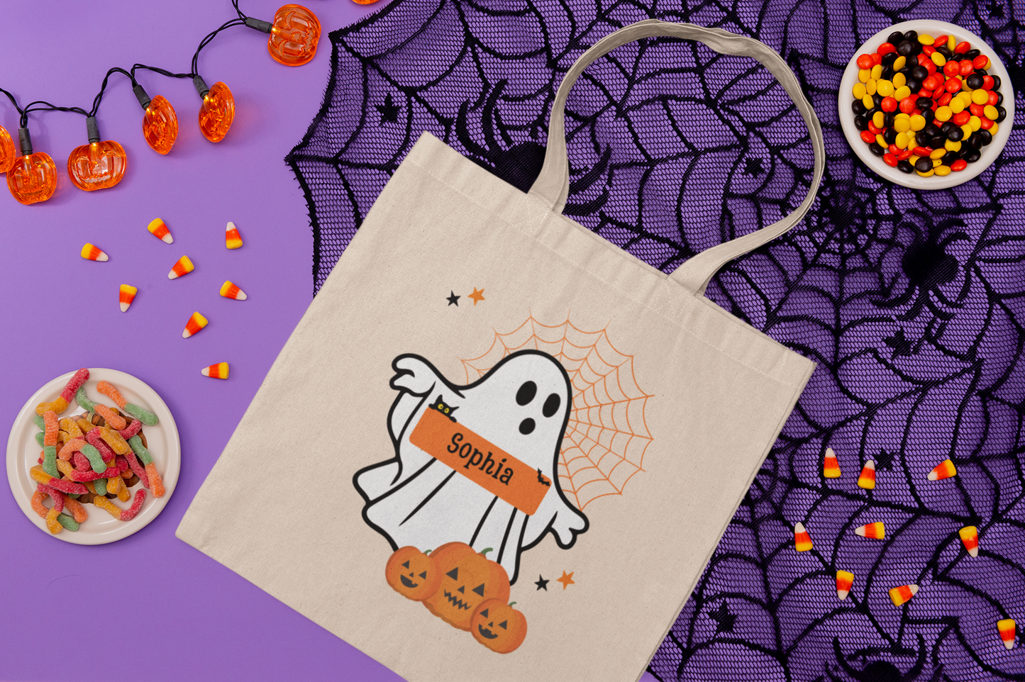 Personalized Halloween Ghost Tote Bag, Custom Cotton Canvas Bag