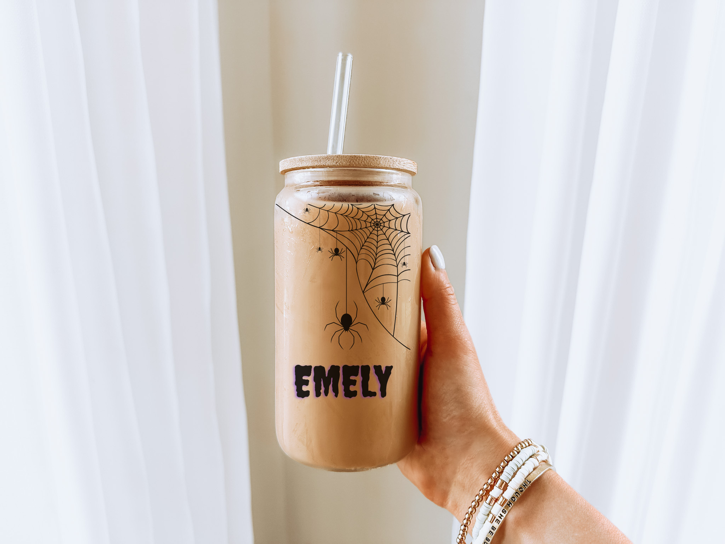 Personalized Spider Web Sipper Glass, Durable Beverage Container, Halloween Gift