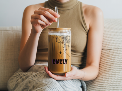 Personalized Spider Web Sipper Glass, Durable Beverage Container, Halloween Gift