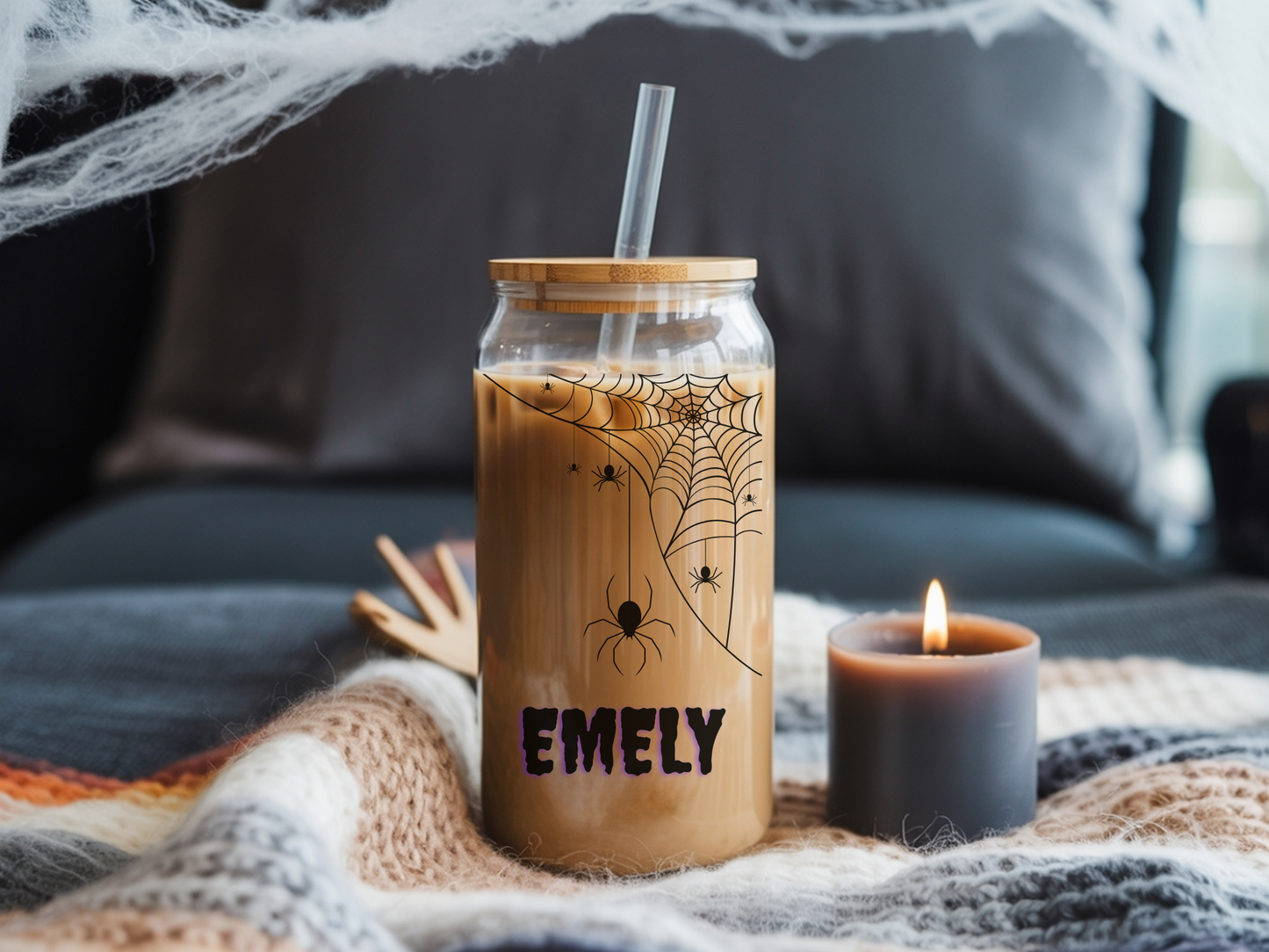 Personalized Spider Web Sipper Glass, Durable Beverage Container, Halloween Gift