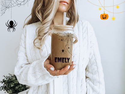 Personalized Spider Web Sipper Glass, Durable Beverage Container, Halloween Gift