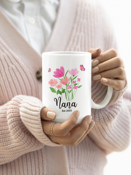 Personalised floral nana coffee mug, custom ceramic cup for new nana or grandma est 2025 gift perfect for mother's day, birthday, wildflower