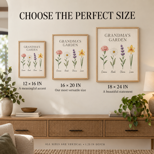 Vertical framed canvas size guide for 12 by 16 16 by 20 and 18 by 24 inches