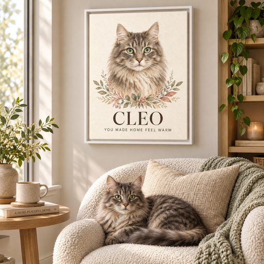 Personalized watercolor cat portrait canvas in a cozy reading room