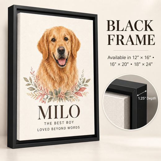 Custom pet portrait canvas with black floating frame available in three sizes