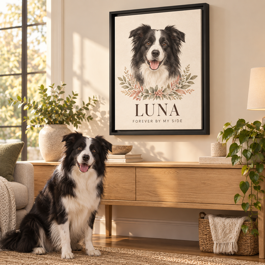 Custom watercolor Border Collie pet portrait canvas displayed in a warm living room