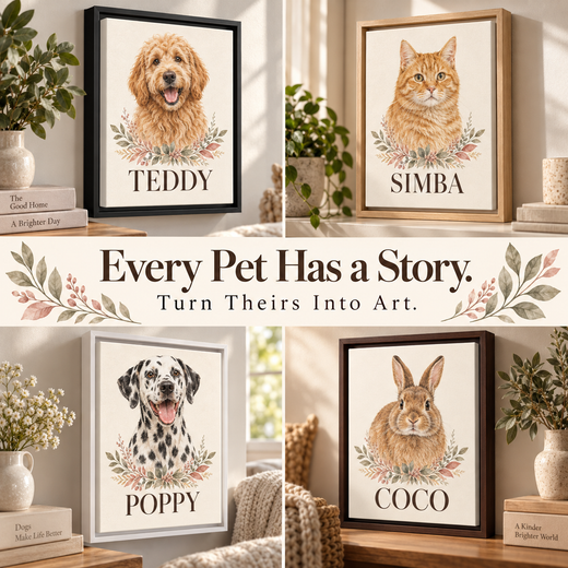 Custom watercolor pet portrait canvas examples for dogs cats and rabbits