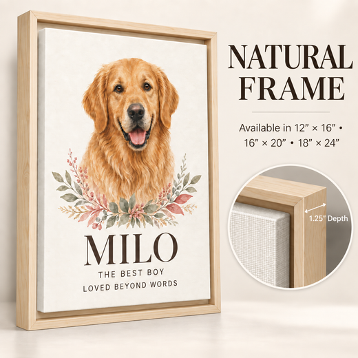 Custom pet portrait canvas with natural pine floating frame available in three sizes