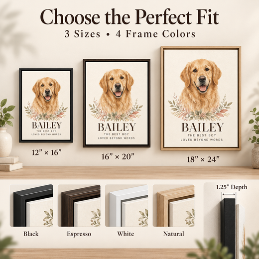 Pet portrait canvas size and frame color comparison guide