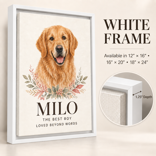 Custom pet portrait canvas with white floating frame available in three sizes