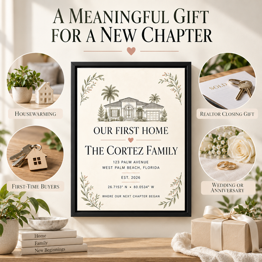 Personalized First Home coordinates canvas for housewarming buyers realtor closing wedding or anniversary