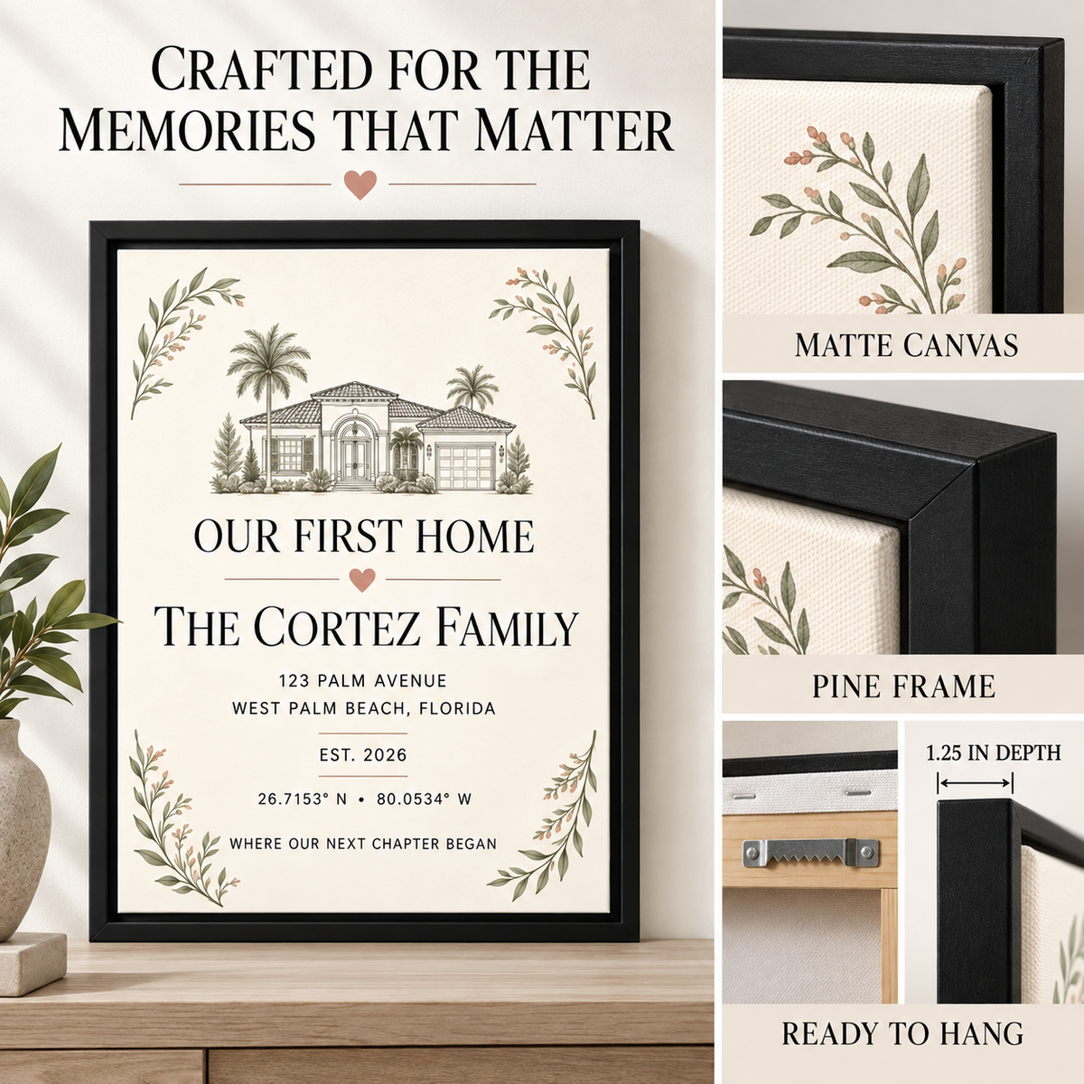 Matte First Home canvas pine frame hanging hardware and 1.25 inch front-to-back depth