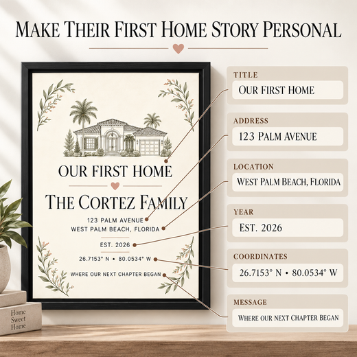Guide to personalizing title address location year coordinates and message on First Home canvas