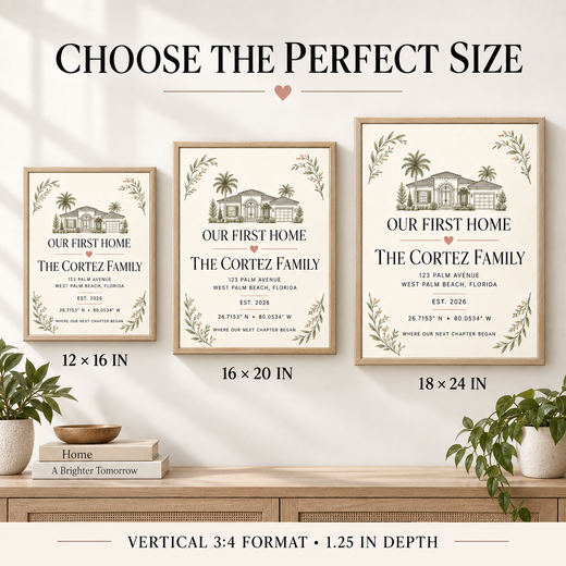 First Home coordinates canvas size guide for 12 by 16, 16 by 20 and 18 by 24 inches