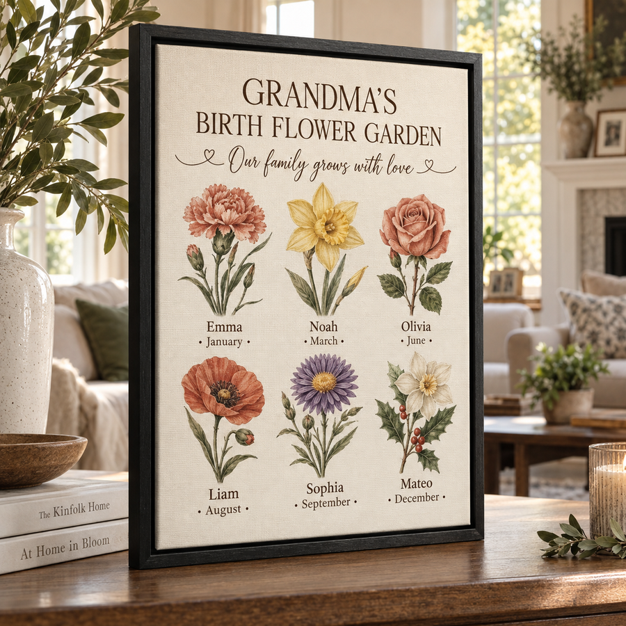 Personalized Grandma birth flower canvas with grandchildren names and birth month flowers