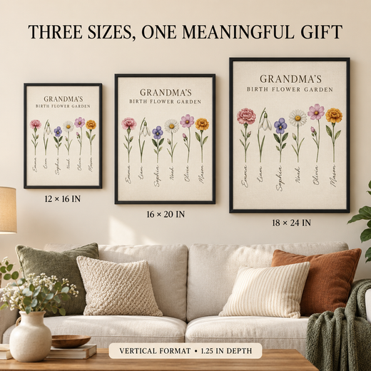 Grandma birth flower canvas size guide for 12 by 16, 16 by 20 and 18 by 24 inches