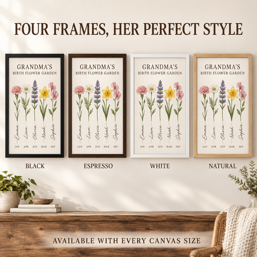 Black, espresso, white and natural frame options for Grandma birth flower canvas