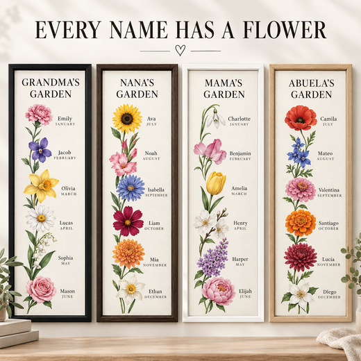 Collage of birth flower canvases personalized for Grandma, Nana, Mimi and Abuela