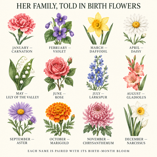 Birth month flower guide for a personalized Grandma family canvas