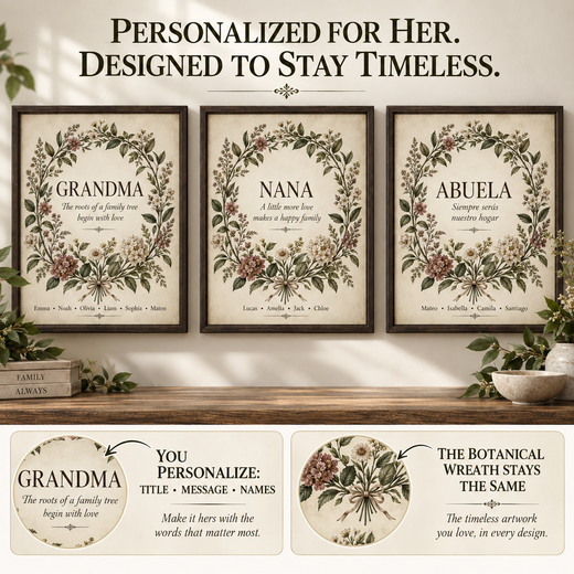 Botanical canvas showing customizable title message and names with fixed floral wreath