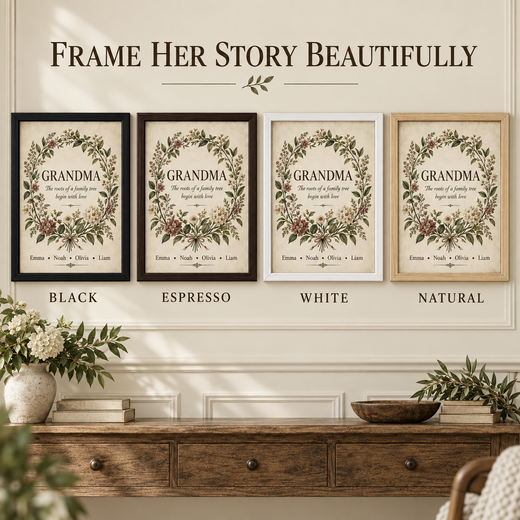 Black espresso white and natural frames for personalized Grandma botanical canvas