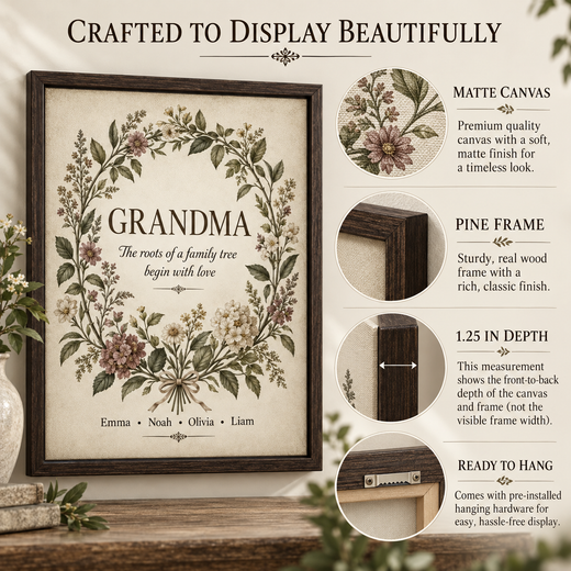 Matte botanical canvas pine frame ready to hang with 1.25 inch front-to-back depth