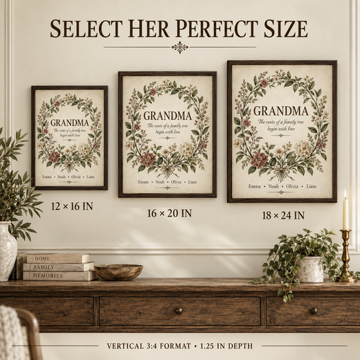 Personalized botanical canvas size guide for 12 by 16, 16 by 20 and 18 by 24 inches