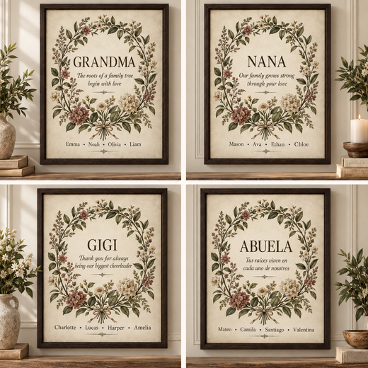 Grandma Nana Gigi and Abuela botanical canvas personalization examples