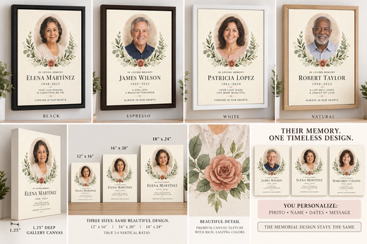 Memorial photo canvas size guide for 12 by 16, 16 by 20 and 18 by 24 inches