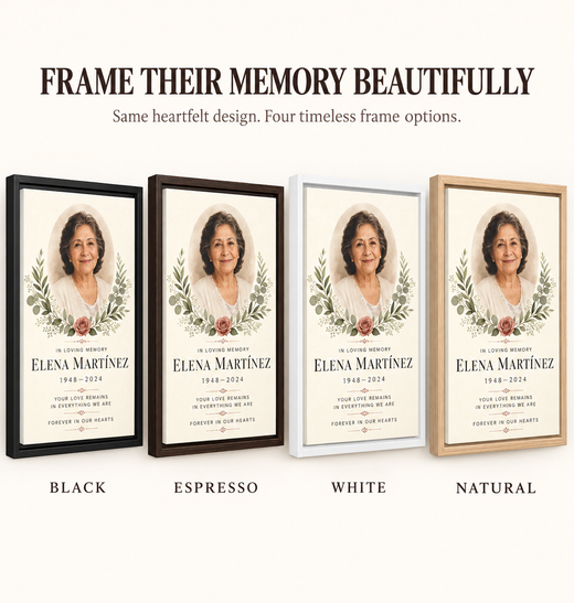 Different memorial portraits with the same eucalyptus and rose canvas design