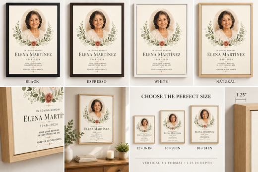 Black espresso white and natural frames for personalized memorial canvas