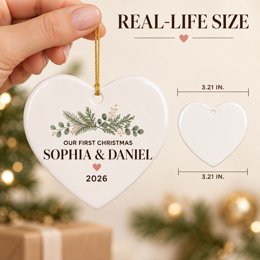Lifestyle collage of personalized heart ornament at realistic 3.21 inch scale