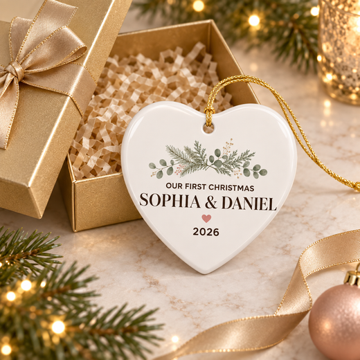 Personalized heart ceramic ornament with gold gift packaging