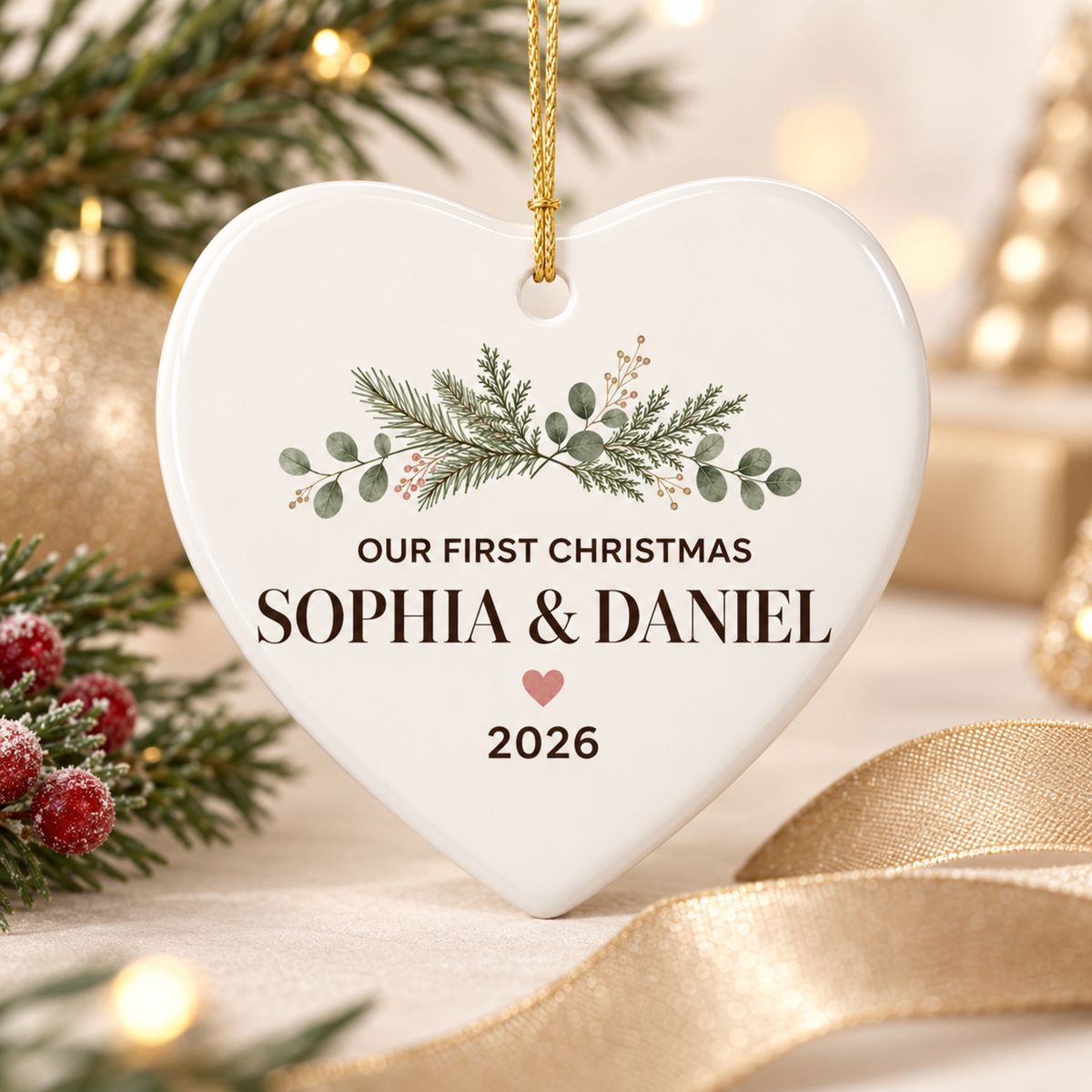 Personalized Our First Christmas heart ceramic ornament for a couple