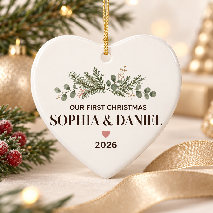 Personalized Our First Christmas heart ceramic ornament for a couple