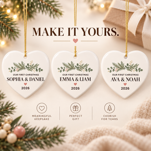 Newlywed couple holding a personalized First Christmas heart ornament