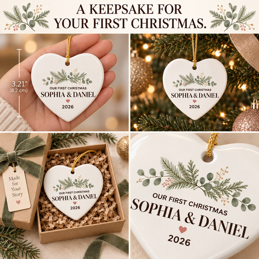 Our First Christmas heart ornament size guide showing 3.21 inches