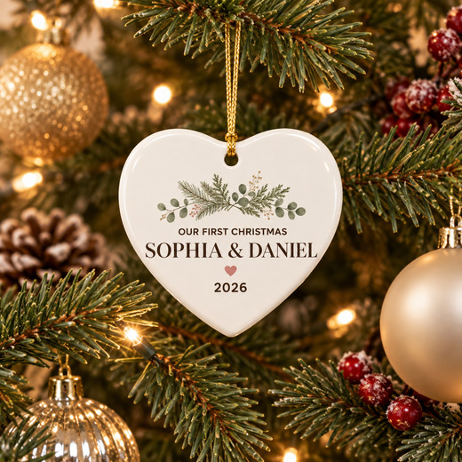 Personalized couple heart ornament hanging on a Christmas tree