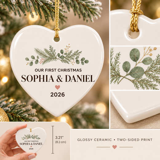 Two-sided printed personalized heart ceramic Christmas ornament