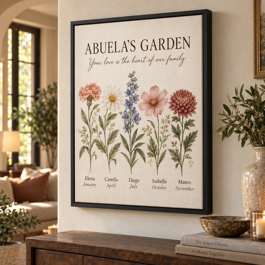 Personalized Abuela birth flower canvas with grandchildren names