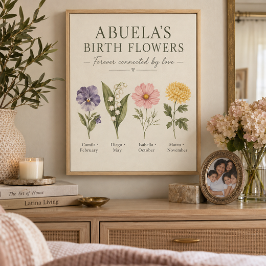 Personalized Abuela birth flower canvas displayed in a warm family room