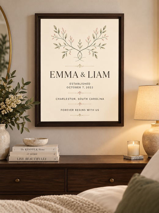 Personalized Emma and Liam anniversary canvas in an espresso frame