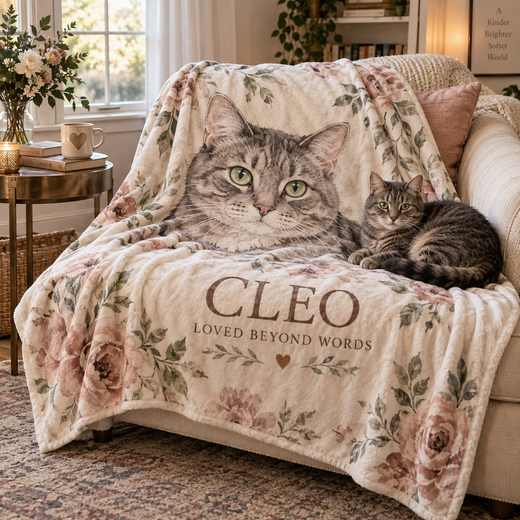 Personalized gray tabby cat blanket with Cleo in a reading nook