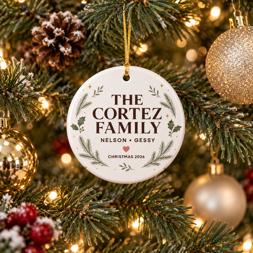 Close-up of glossy ceramic UV print and braided gold cord on family ornament