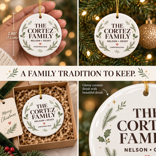 Lifestyle collage of round family ornament at realistic 2.80 inch scale