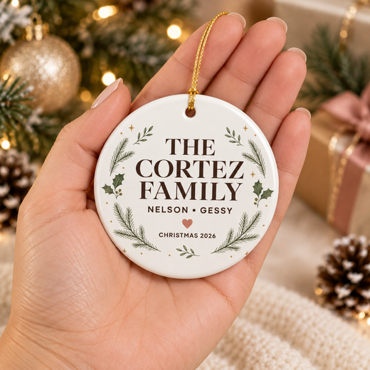 Family Christmas ornament personalization examples with surnames names and year