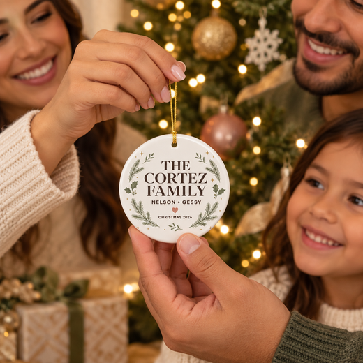 Family holding a personalized round Christmas ornament at realistic scale